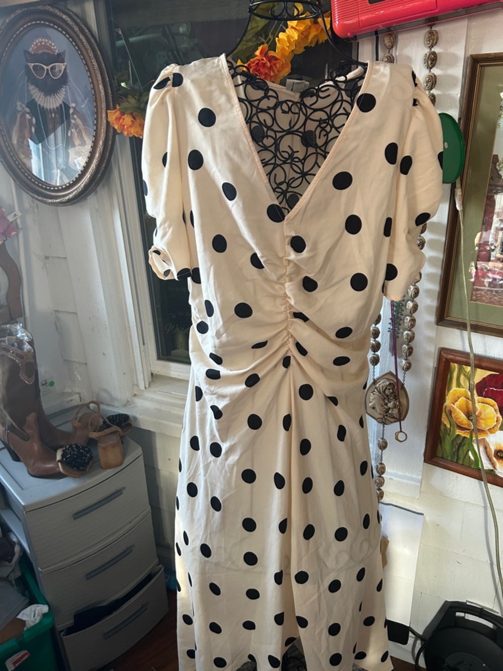 a new day Cream Midi Dress with Black Polka Dots